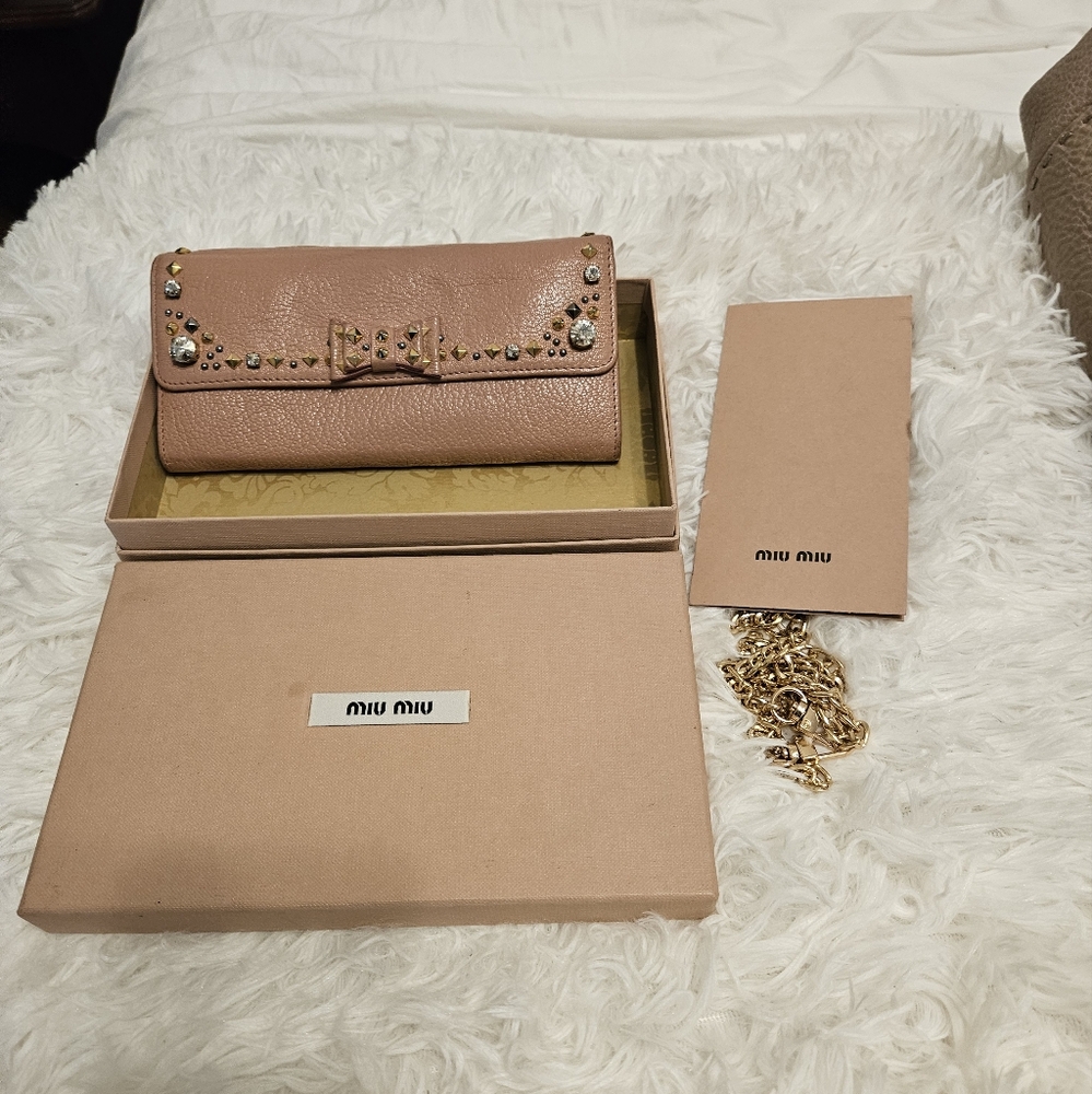 Miu Miu Pink Leather Wallet With Gold Studs And Gems